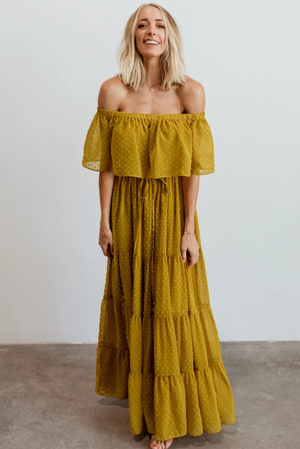 Yellow Yellow Off Shoulder Ruffle Swiss Dot Maxi Dress