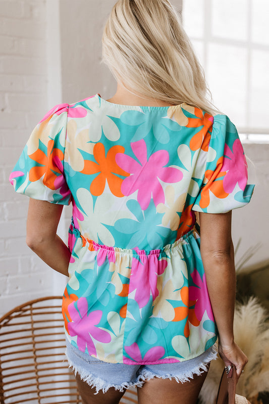 Pink Floral Print Bubble Sleeve V Neck Peplum Blouse
