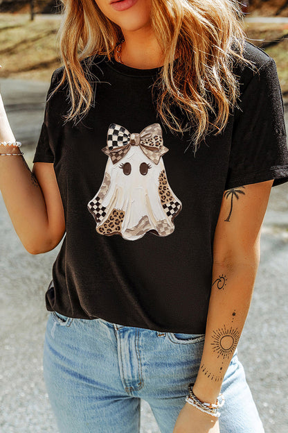 Black Checkered Leopard Ghost Print Round Neck Halloween T Shirt