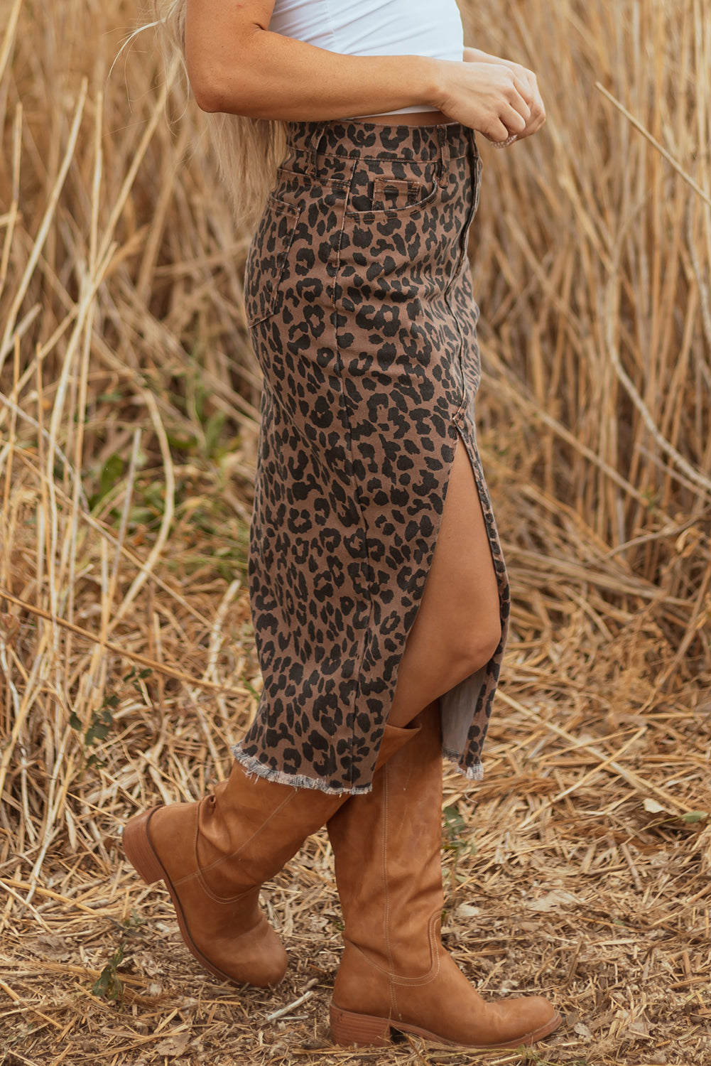 Brown Leopard Print Frayed Edge Denim Skirt Long Casual Daily Wear