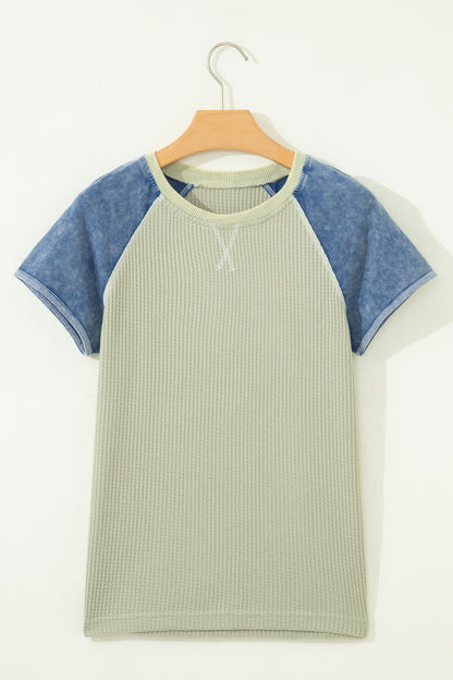 Laurel Green Waffle Knit Seam Detail Color Block Patchwork Short Sleeve Top