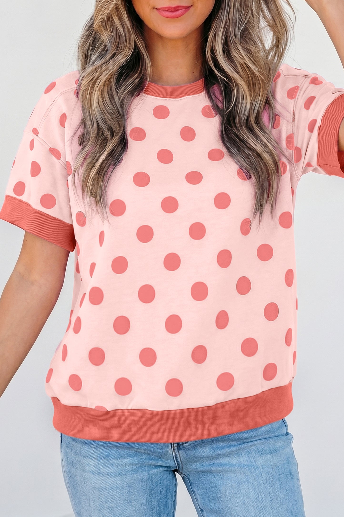 Blue Color Block Trim Polka Dot Casual Tee