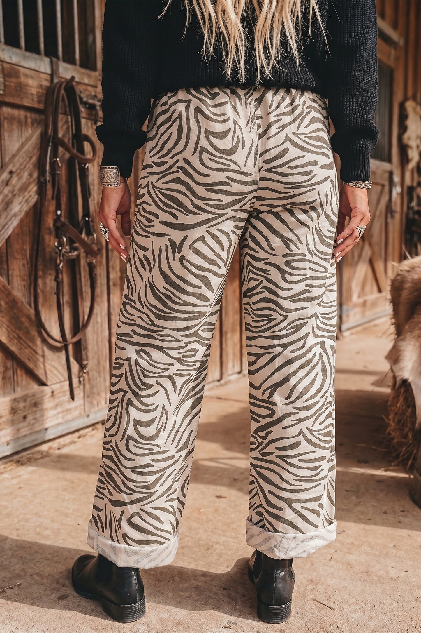 Multicolour Western Print Zebra Pattern Elastic Waist Pocket Full-Length Pants