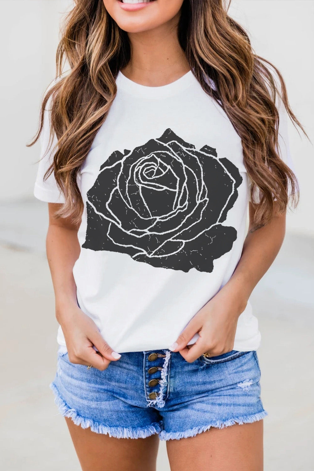 T-shirt col rond blanc à imprimé grandes roses
