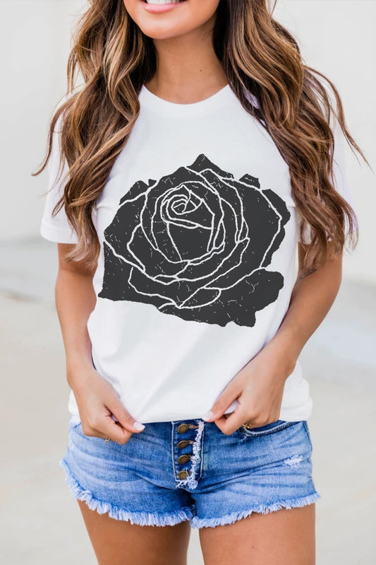 T-shirt col rond blanc à imprimé grandes roses