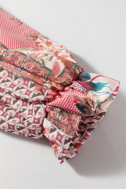 Chemise rouge bohème à imprimé géométrique mixte et manches bouffantes