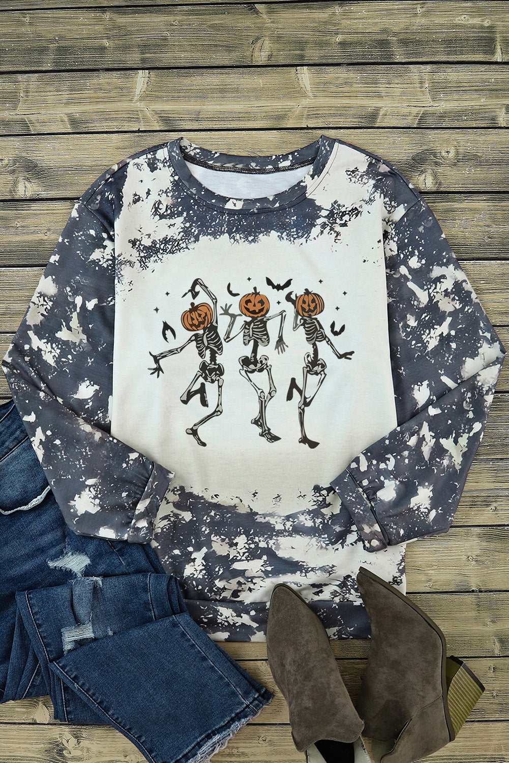 Haut à manches longues multicolore avec motif squelette dansant et tie-dye pour Halloween