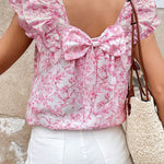 Pink Floral Ruffled Short Sleeve Bow Back Square Neck Blouse
