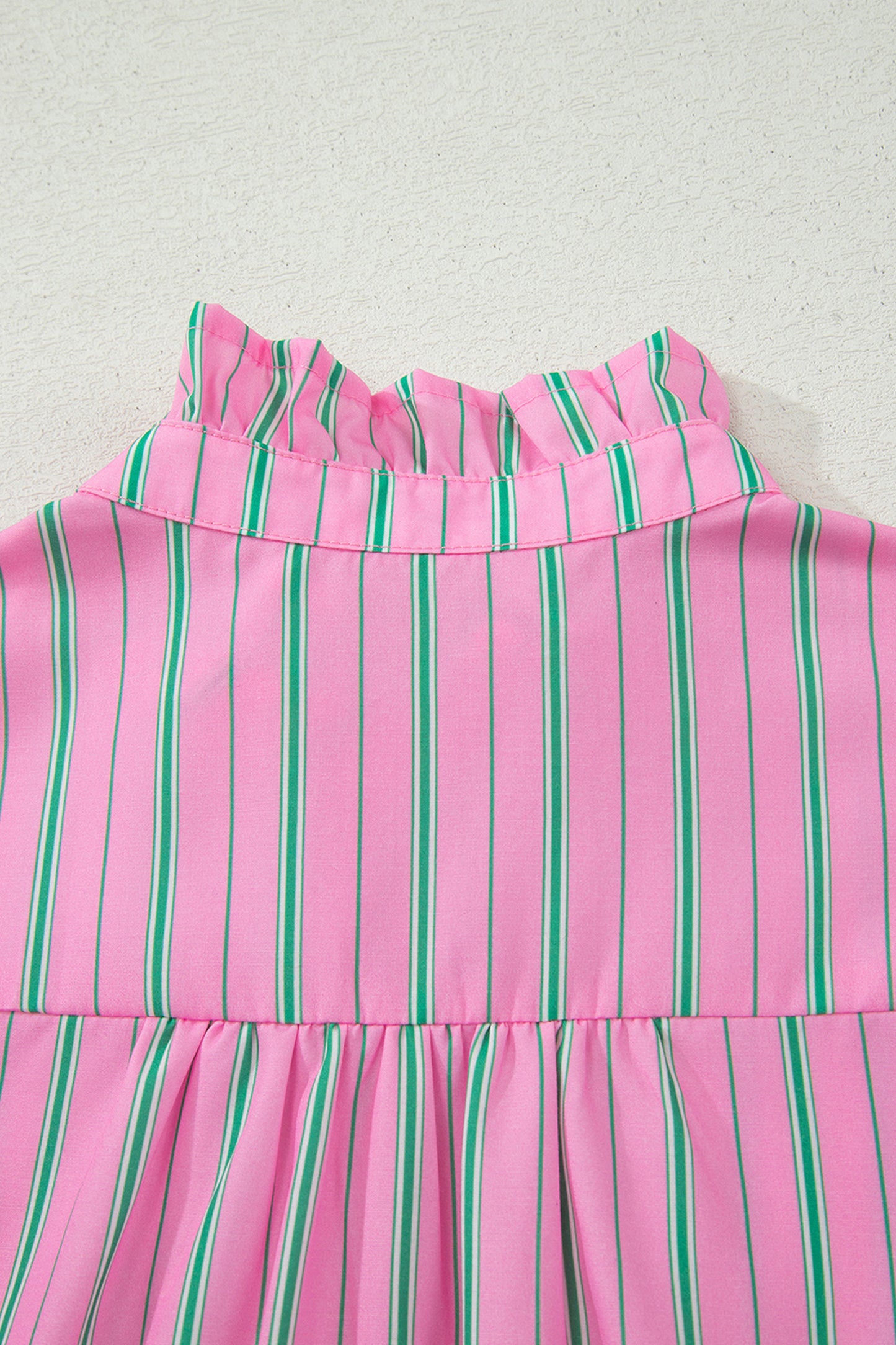 Pink Stripe Ruffle Trim Half Button Short Puff Sleeve Blouse