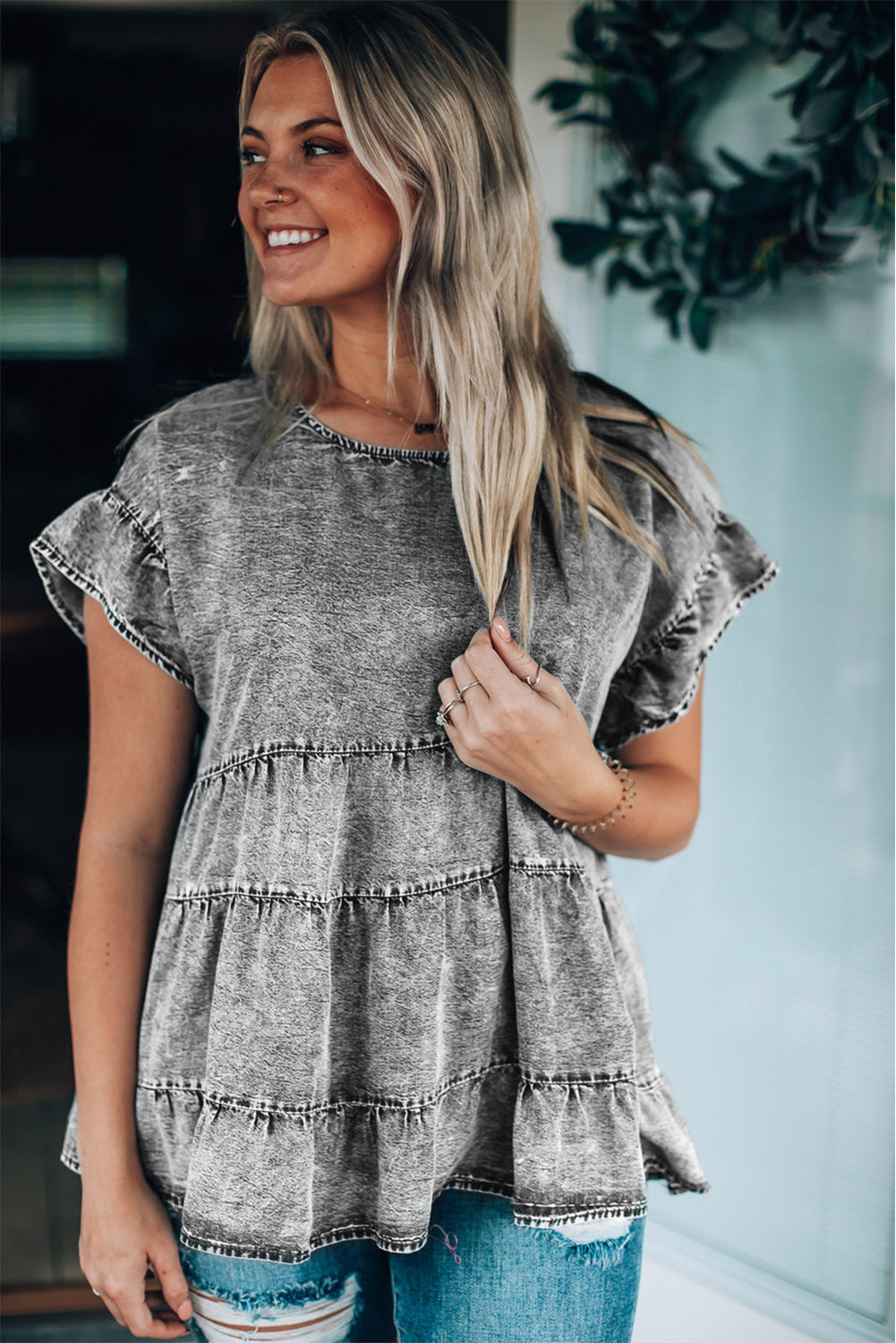 Flutter Sleeves Tiered Denim Top
