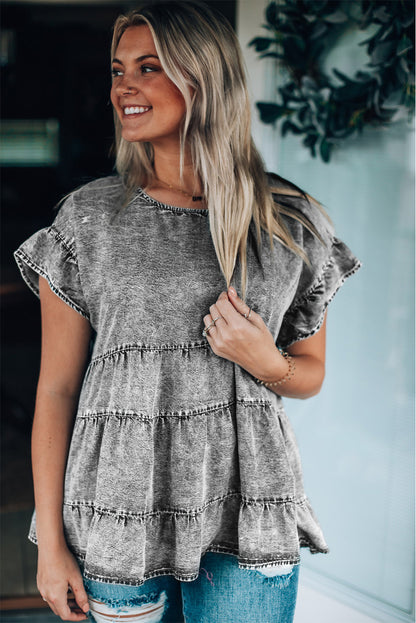 Flutter Sleeves Tiered Denim Top