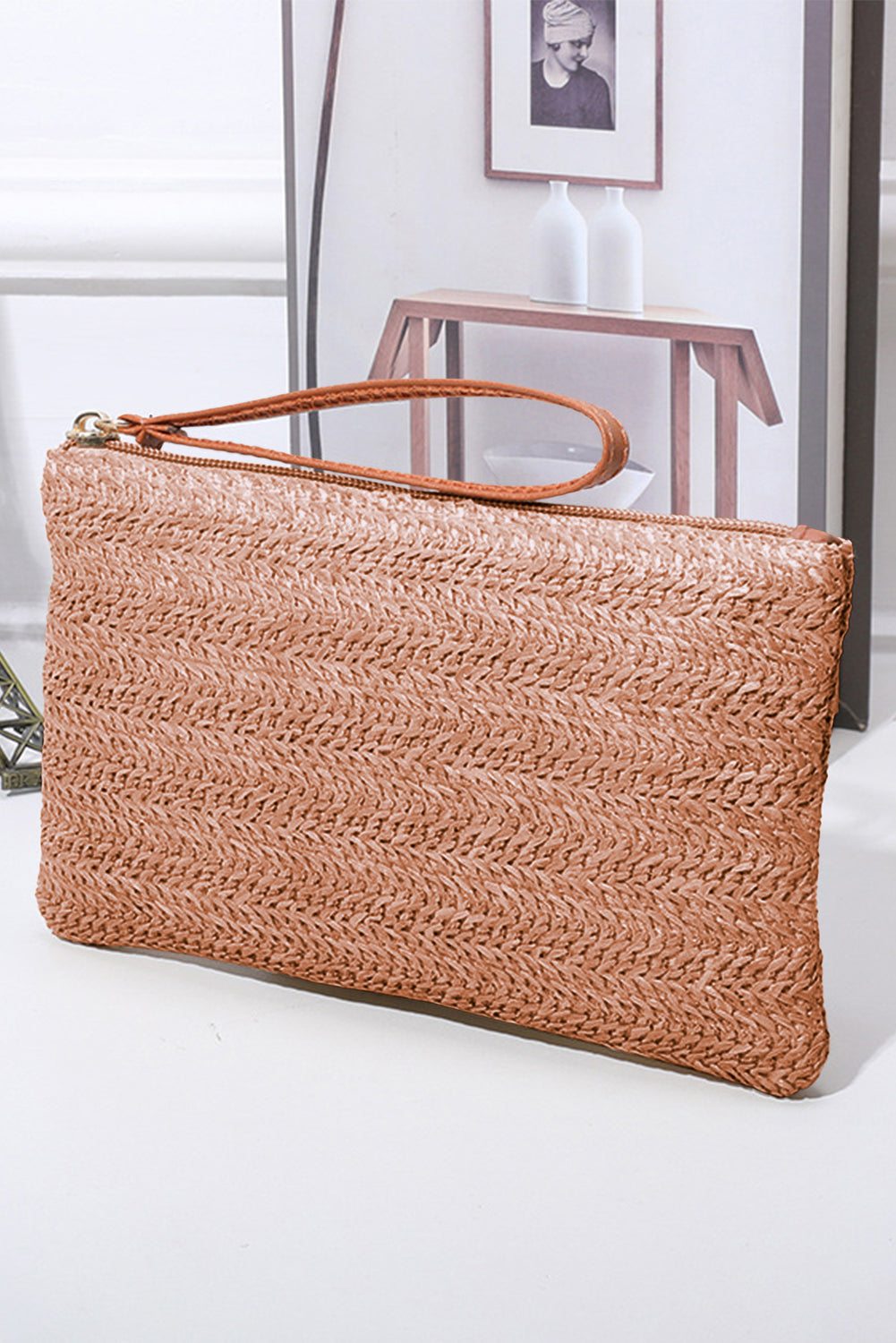 Chestnut Straw Woven Wrist Strap Zipper Large Wallet