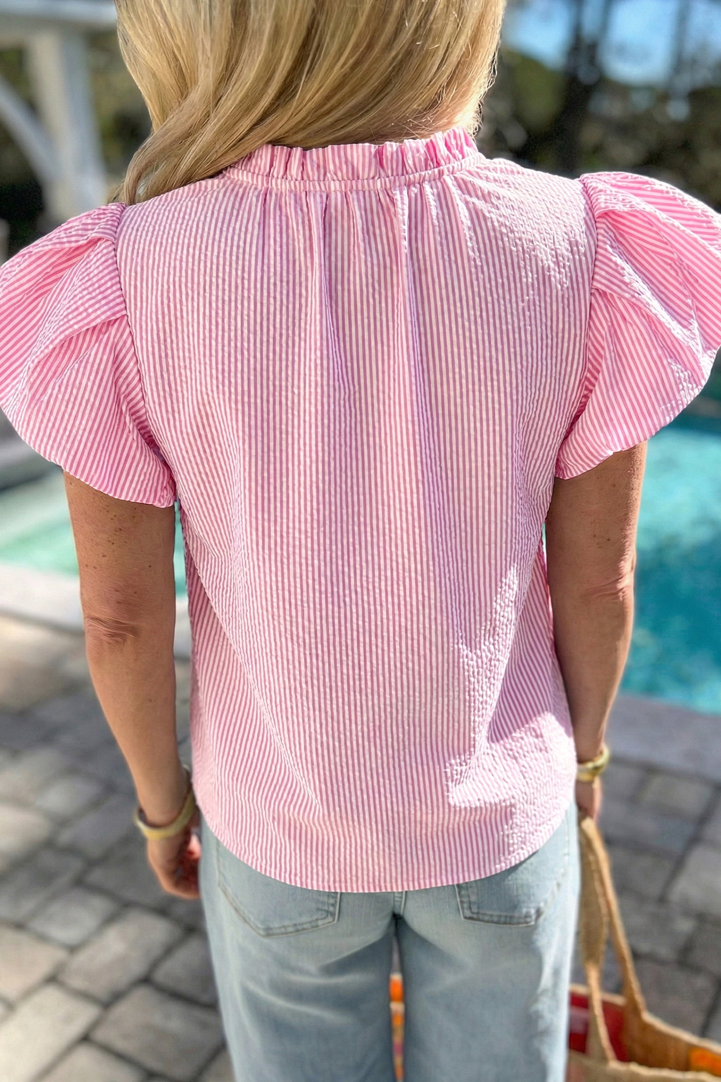 Rose Stripe Short Bubble Sleeve Split V Neck Blouse