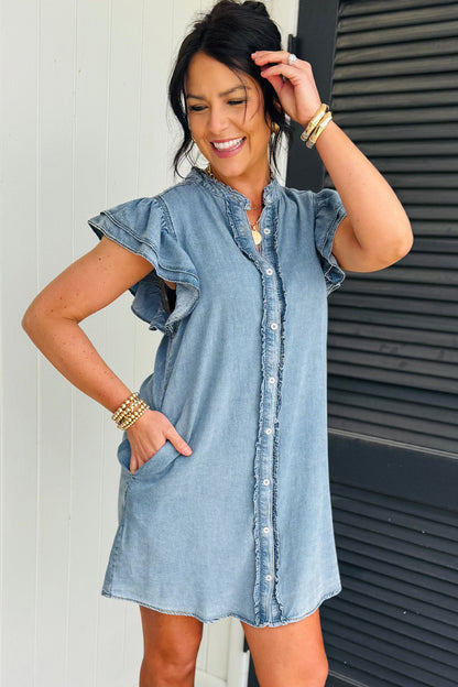 Myosotis Frilled Detail Button Down Ruffle Short Sleeve Denim Mini Dress