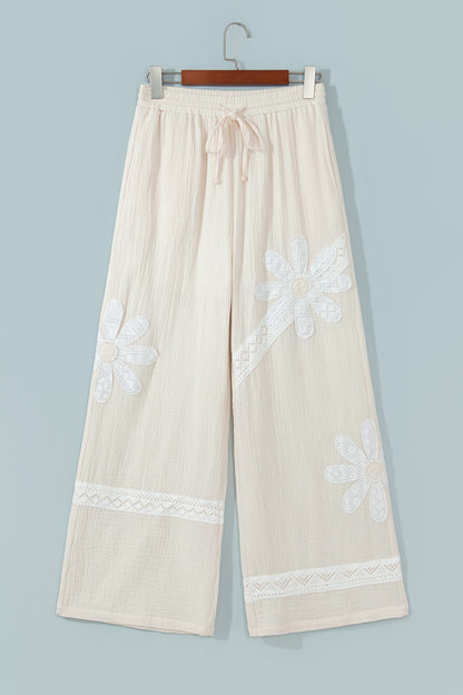 White Floral Lace Patchwork Boho Wide Leg Casual Pants