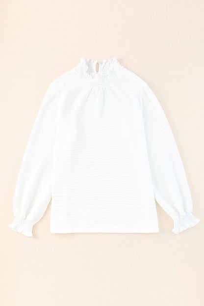 Frilled Smocked Neck Textured Bishop Sleeve Blouse