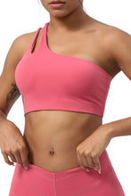 Strawberry Pink Dual Straps Cutout One Shoulder Workout Bra