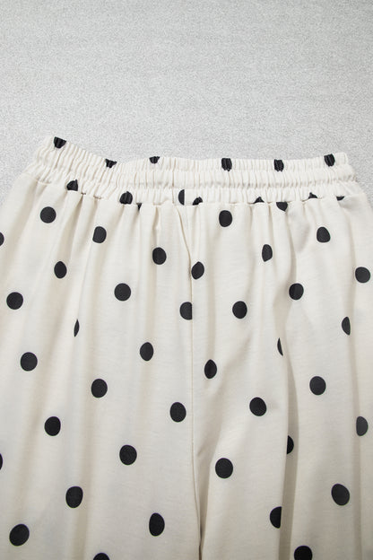 Beige Polka Dot Half Sleeve Loose Top Elastic Waist Casual Pants Set
