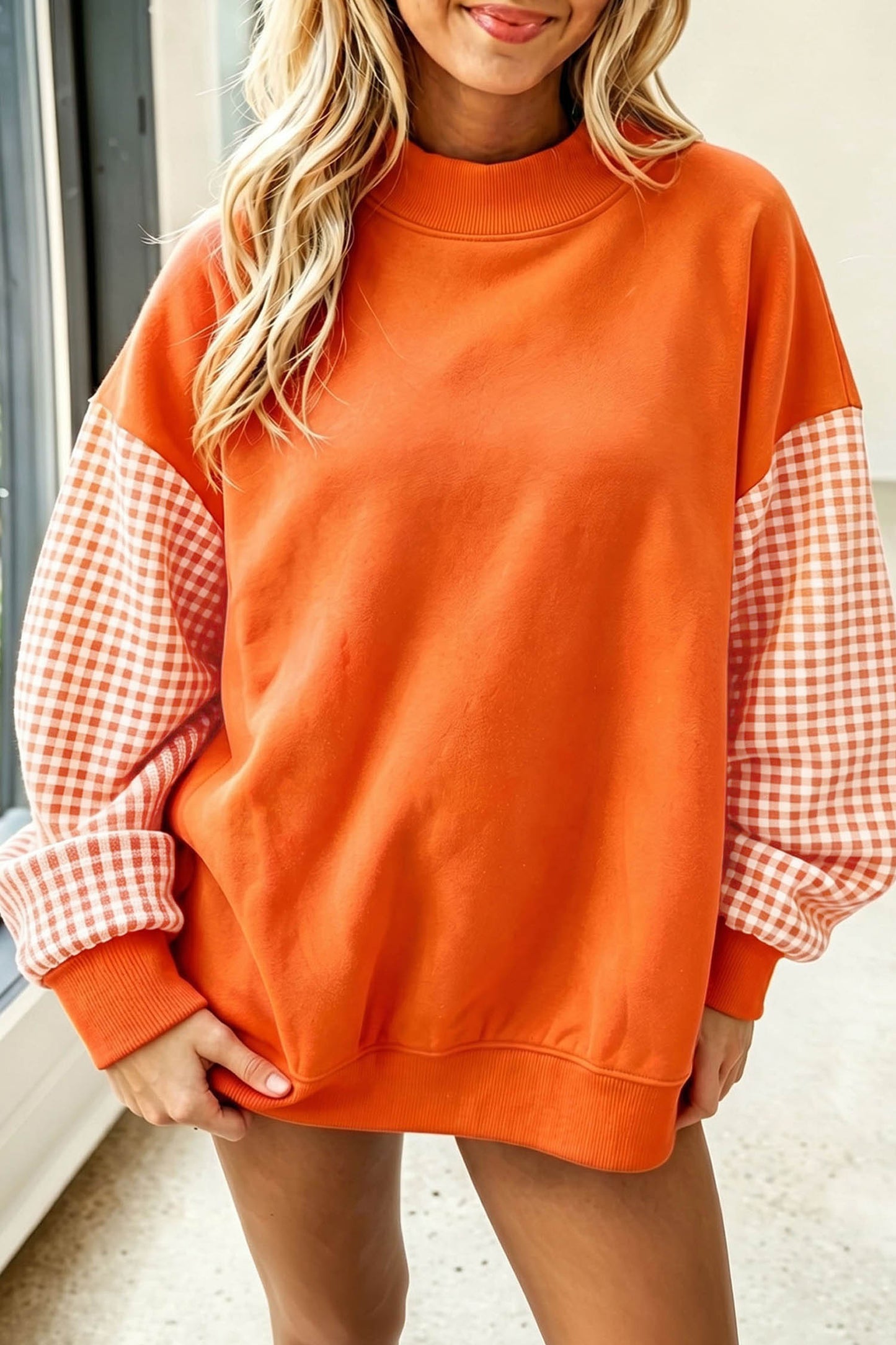 Russet Orange Plaid Sleeve Colorblock Loose Tunic Sweatshirt