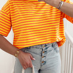 Orange Stripe Contrast Crew Neck Drop Shoulder Loose Tee
