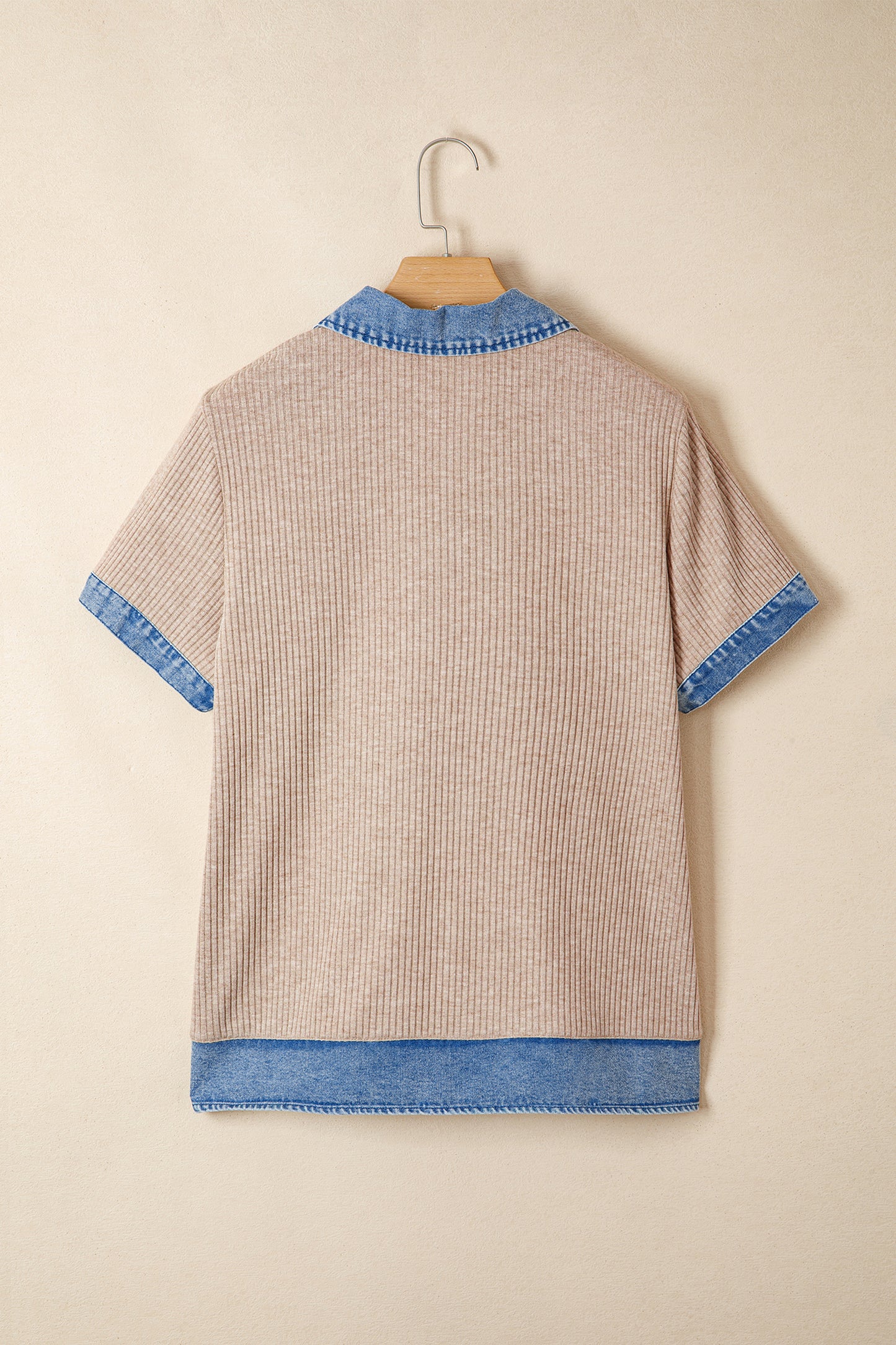 Beige Ribbed Knit Denim Color Block Patchwork Button Detail Collared Blouse