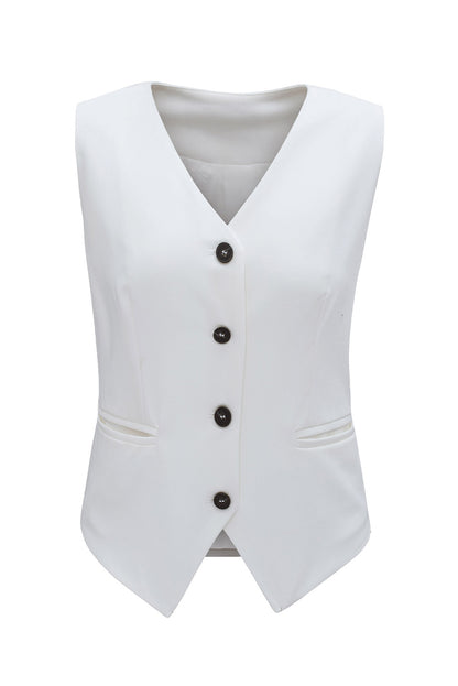 Gilet de costume blanc uni à col en V et boutons