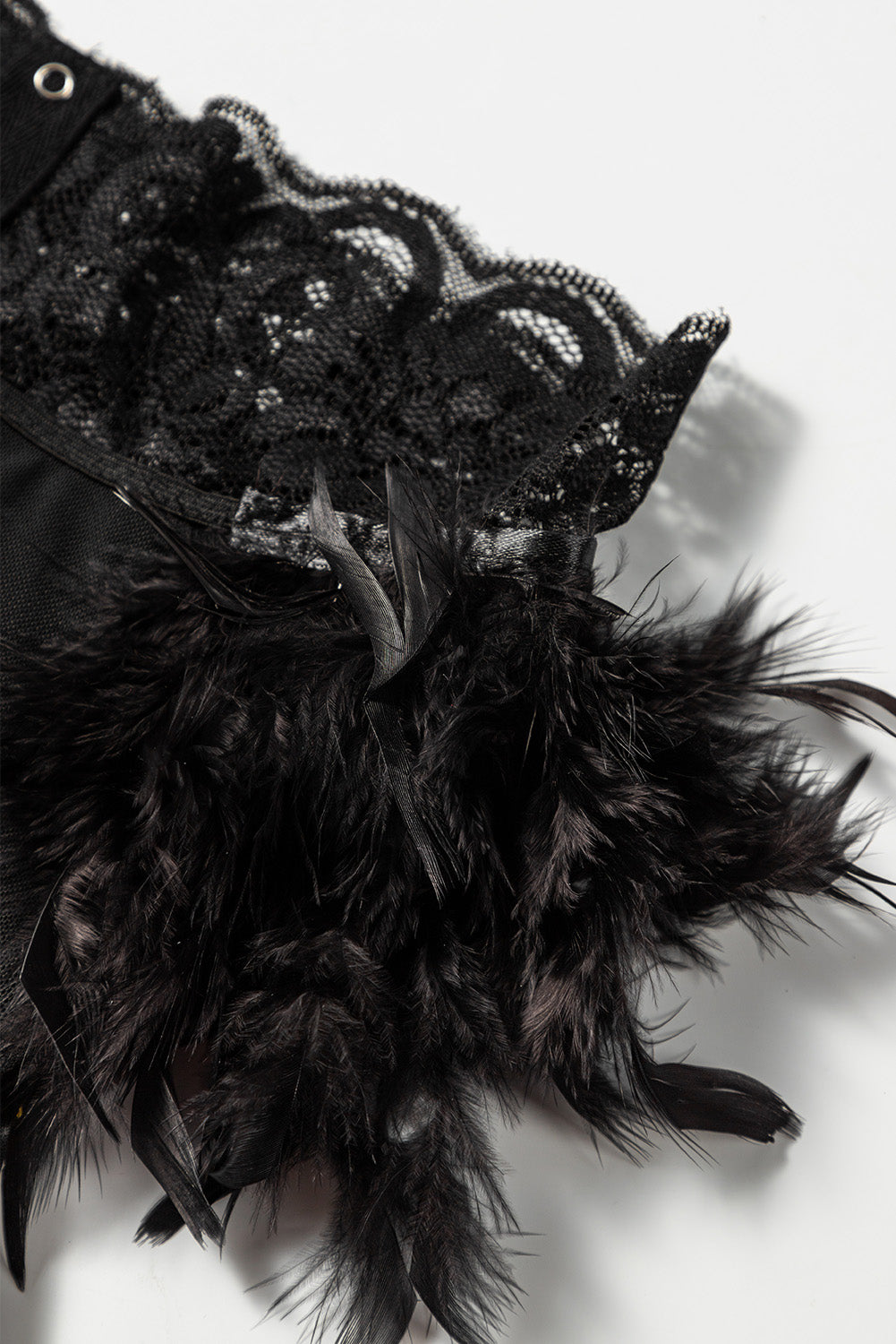 3 piezas set de lencería de malla de encaje con liguero de plumas 