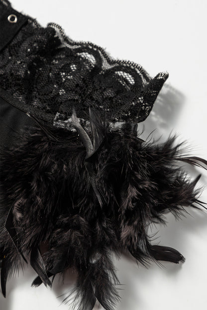 3 piezas set de lencería de malla de encaje con liguero de plumas 