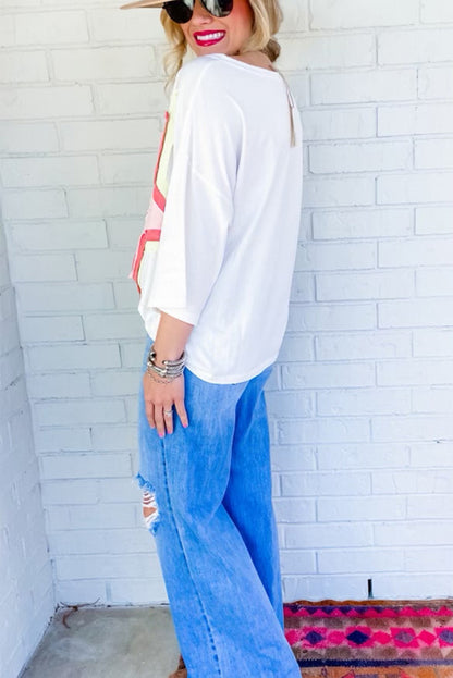 T-shirt oversize à manches mi-longues et patchs étoiles colorblock blanc