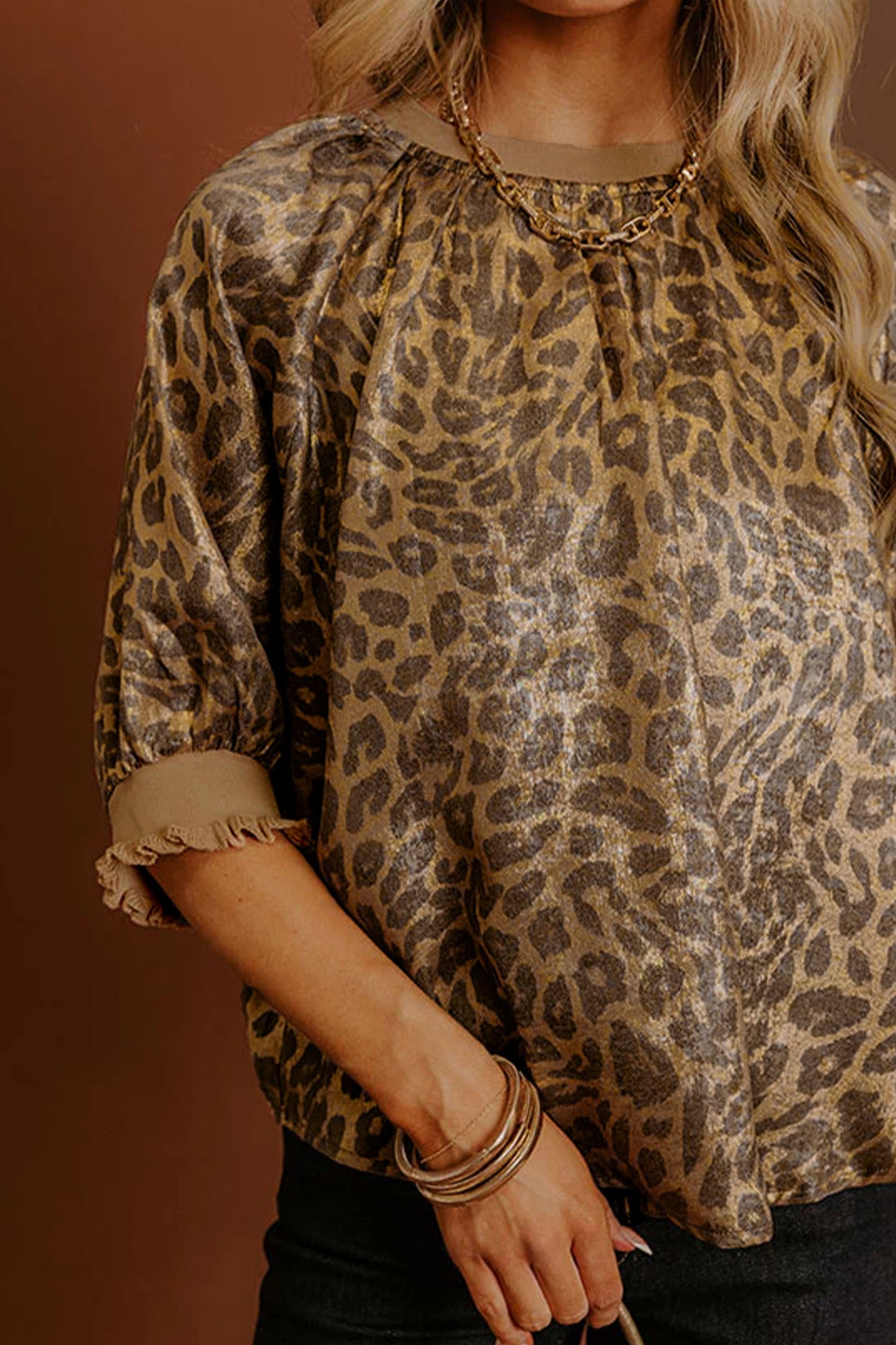 Gold Half Sleeve Metallic Leopard Print Blouse