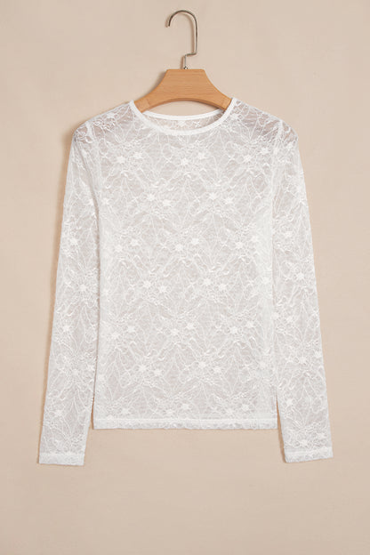 Beige Long Sleeve Sheer Mesh Lace Top