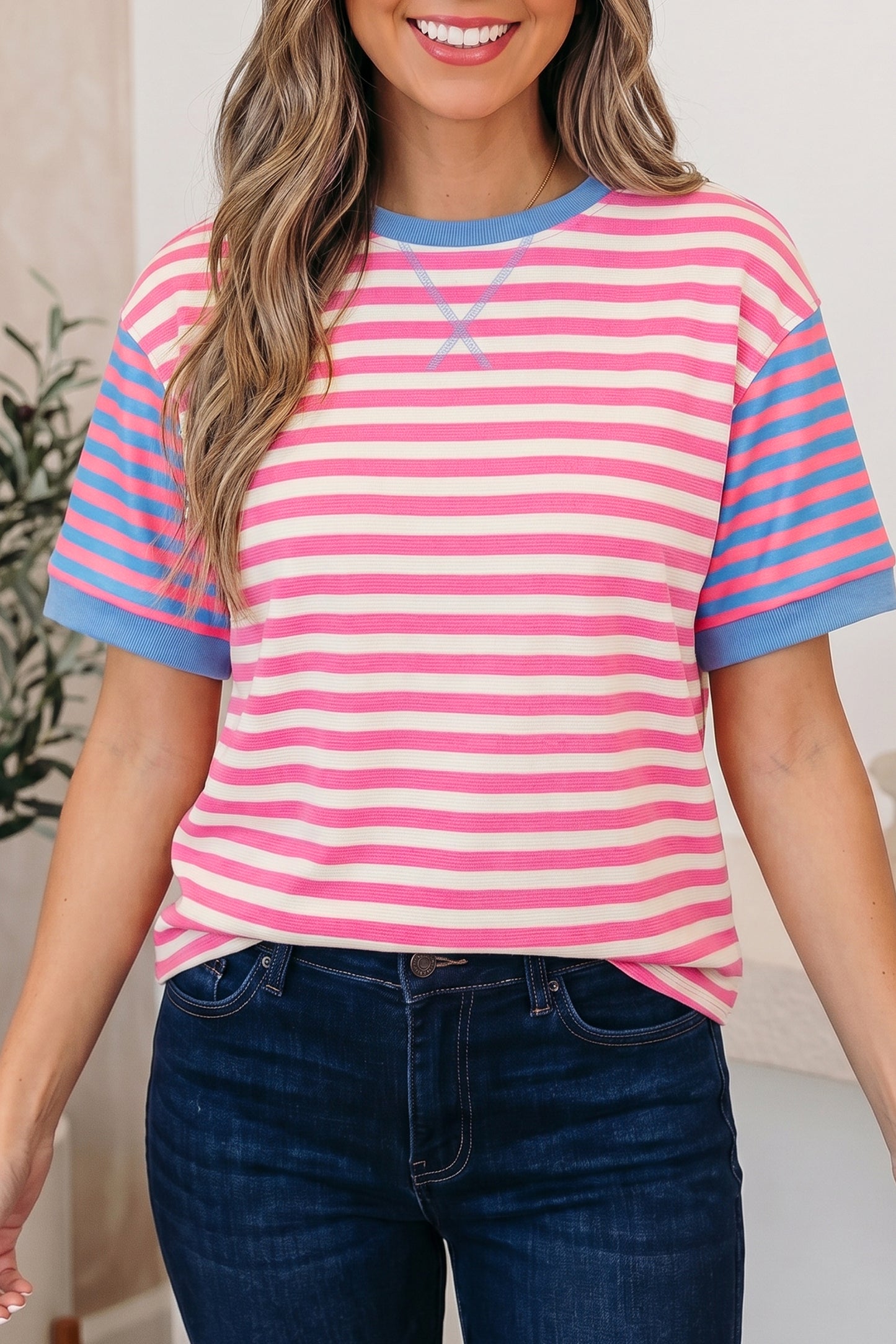 Pink Stripe Contrast Patchwork Short Sleeve Loose Tee