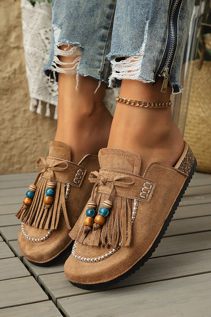 Chestnut Boho Bow Fringed Faux Suede Slip-on Loafers Square Toe Casual Slippers