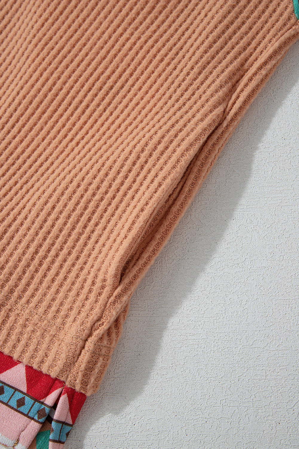 Sweat à capuche kaki en tricot gaufré patchwork aztèque grande taille