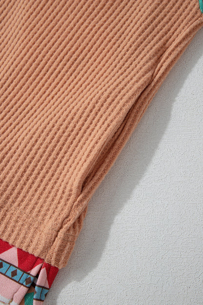 Sweat à capuche kaki en tricot gaufré patchwork aztèque grande taille