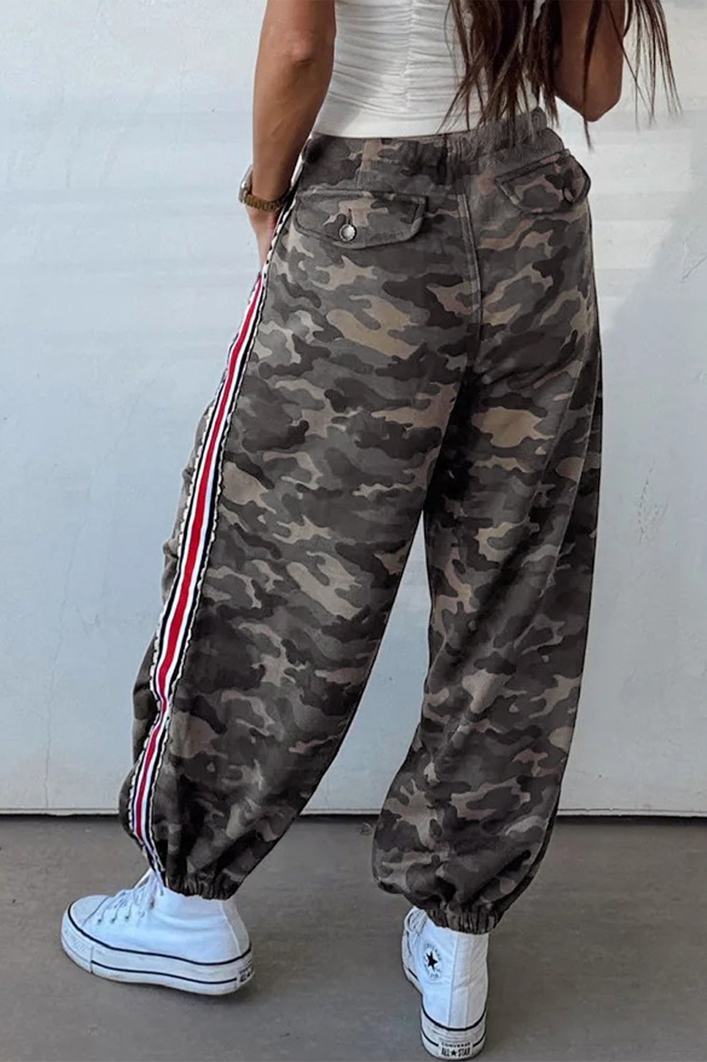 Green Camouflage Print Striped Side Panel Patchwork Drawstring Pants