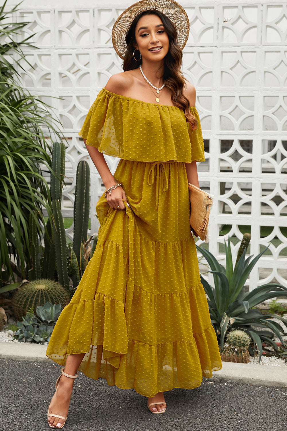 Yellow Yellow Off Shoulder Ruffle Swiss Dot Maxi Dress