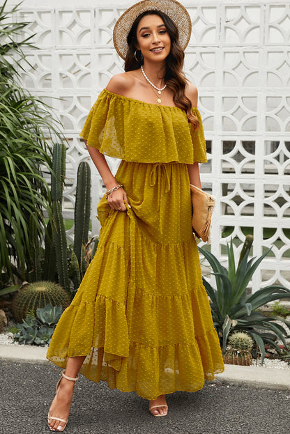 Yellow Yellow Off Shoulder Ruffle Swiss Dot Maxi Dress