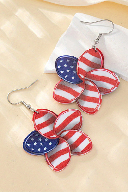 Fiery Red American Flag Printed Flower Shape Hook Earrings