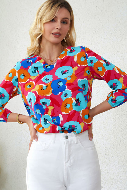 Blusa con cuello en V y manga 3/4 con estampado floral multicolor 