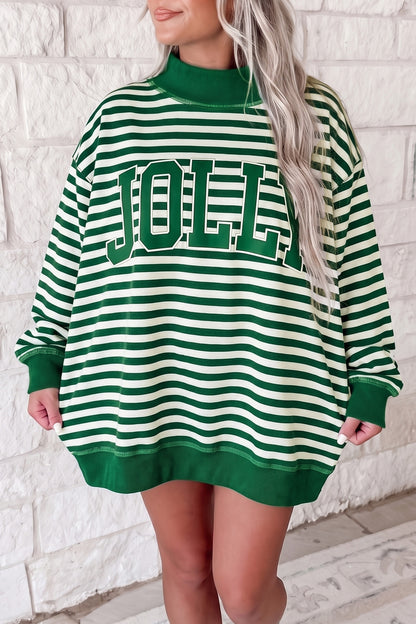 Green Stripe Christmas Slogan Embroidery Patched Mock Neck Oversized Sweatshirt