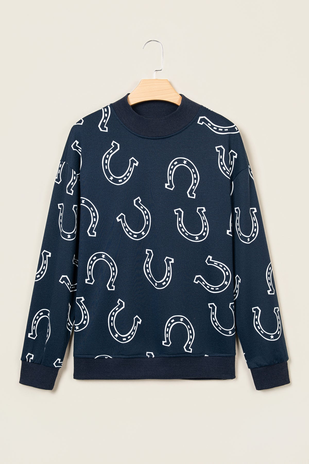 Blue Western Horseshoe Print Mock Neck Casual Pullover Sweatshirt