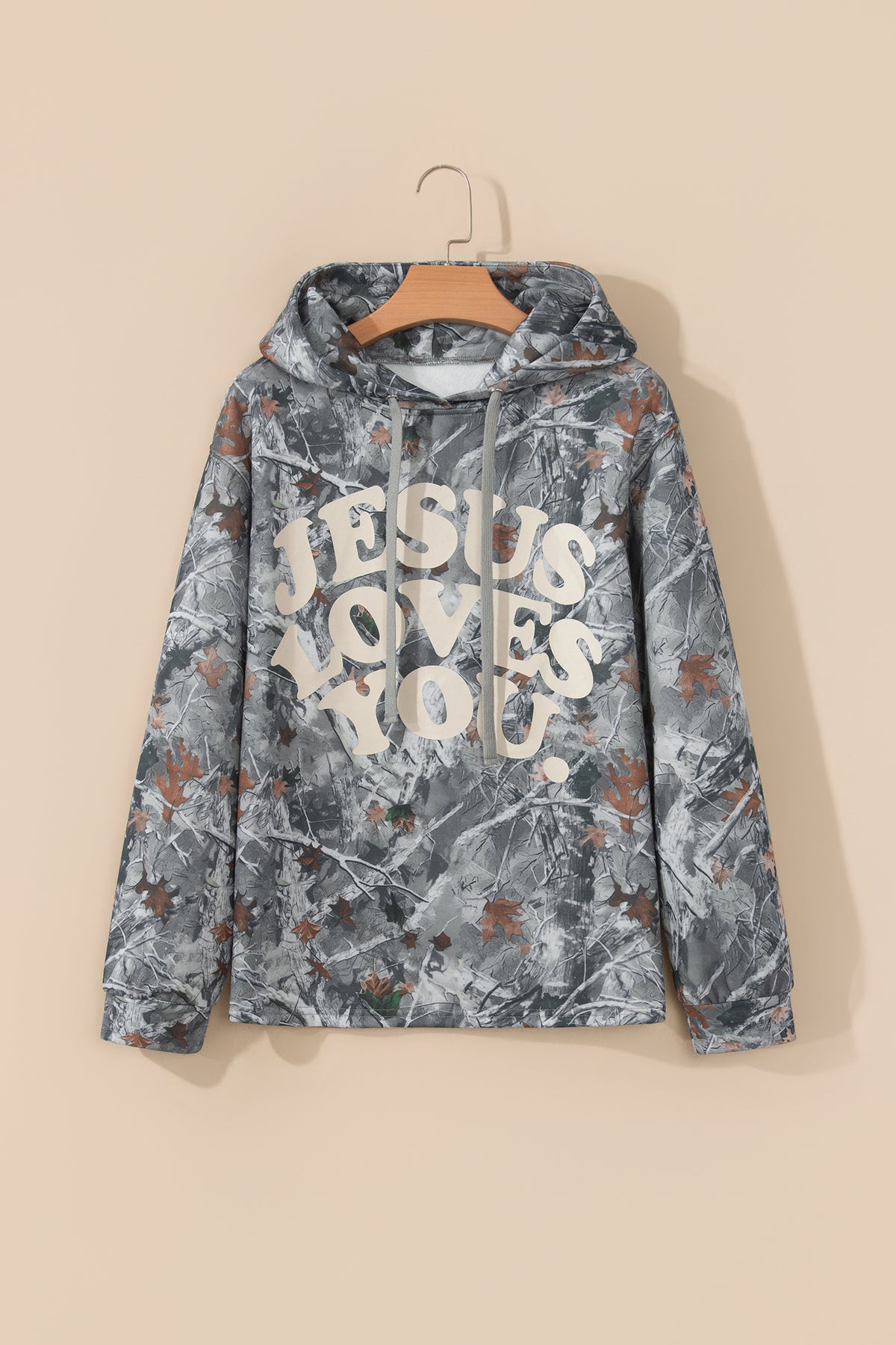 Beige Woodland Camouflage Print JESUS LOVES YOU Tunic Hoodie