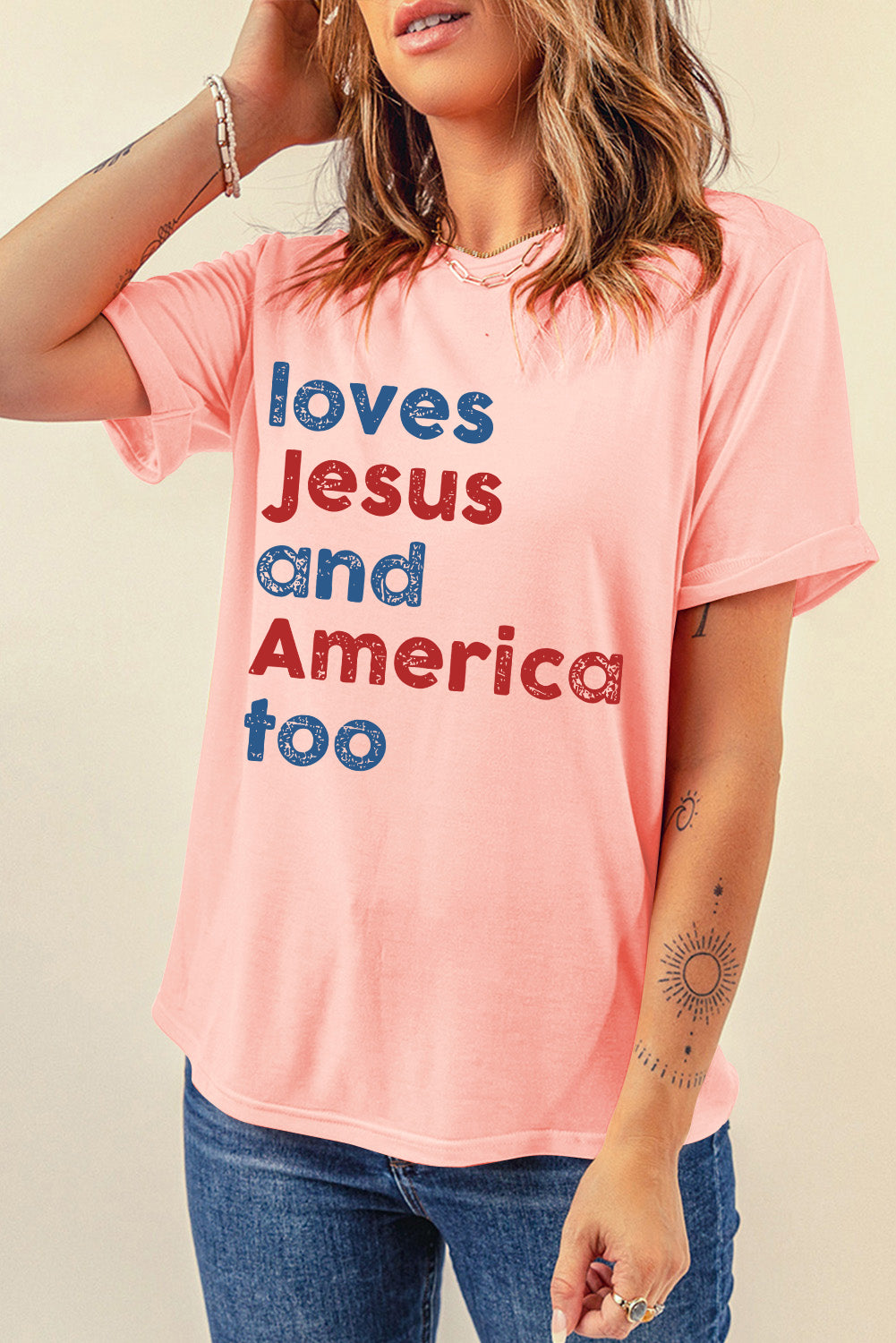 Pink loves Jesus and America too Vintage Letter Graphic Tee