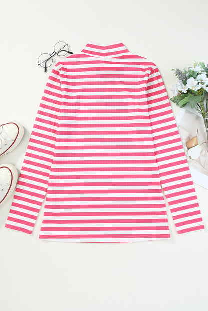 Striped Print Textured Knit Long Sleeve Tee