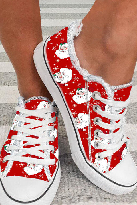 Zapatos de lona planos con estampado de copos de nieve de Papá Noel rojos