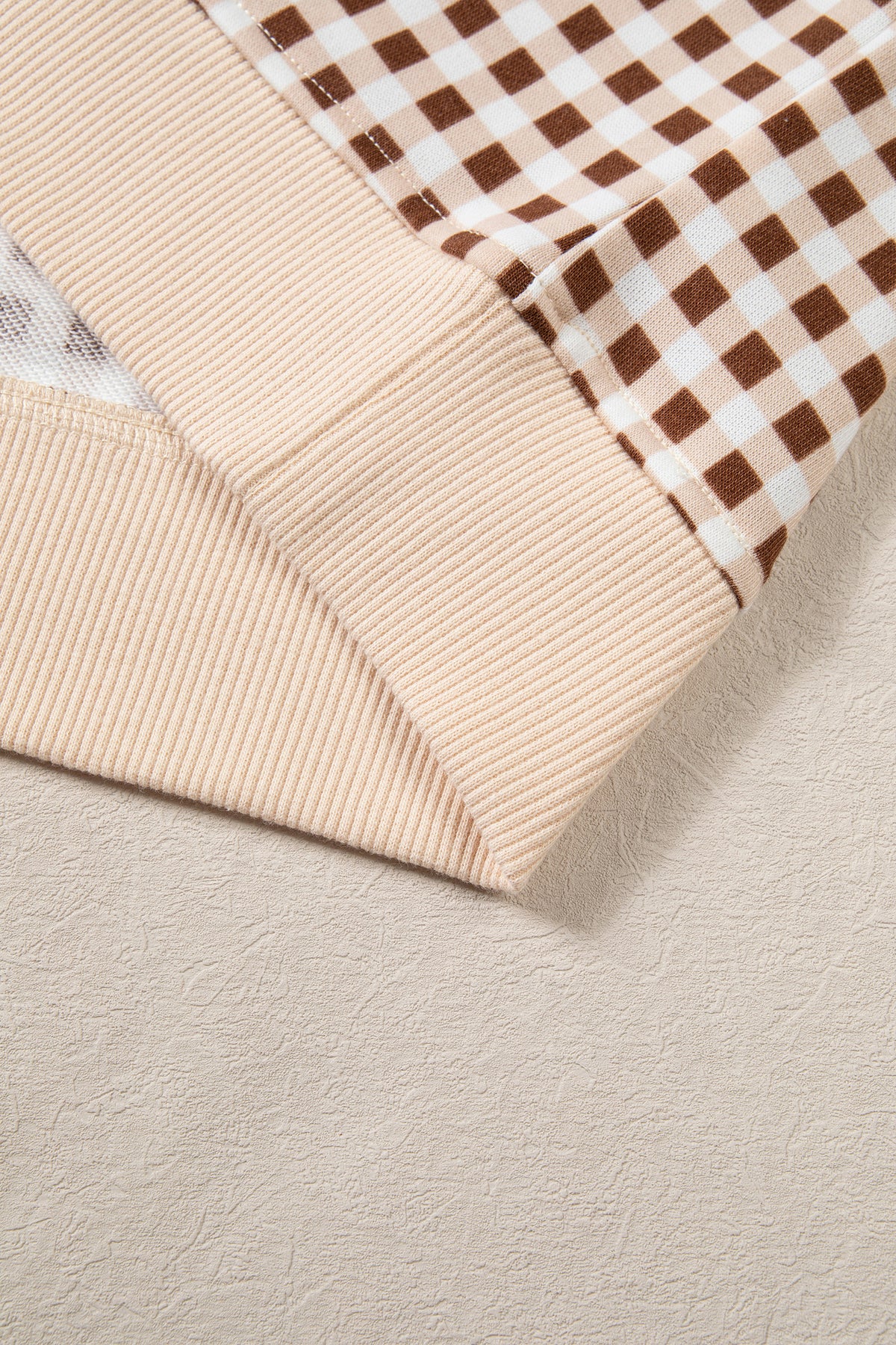 Brown Gingham Oversized Ribbed Trim Crew Neck Long Sleeve Top and Skort Set