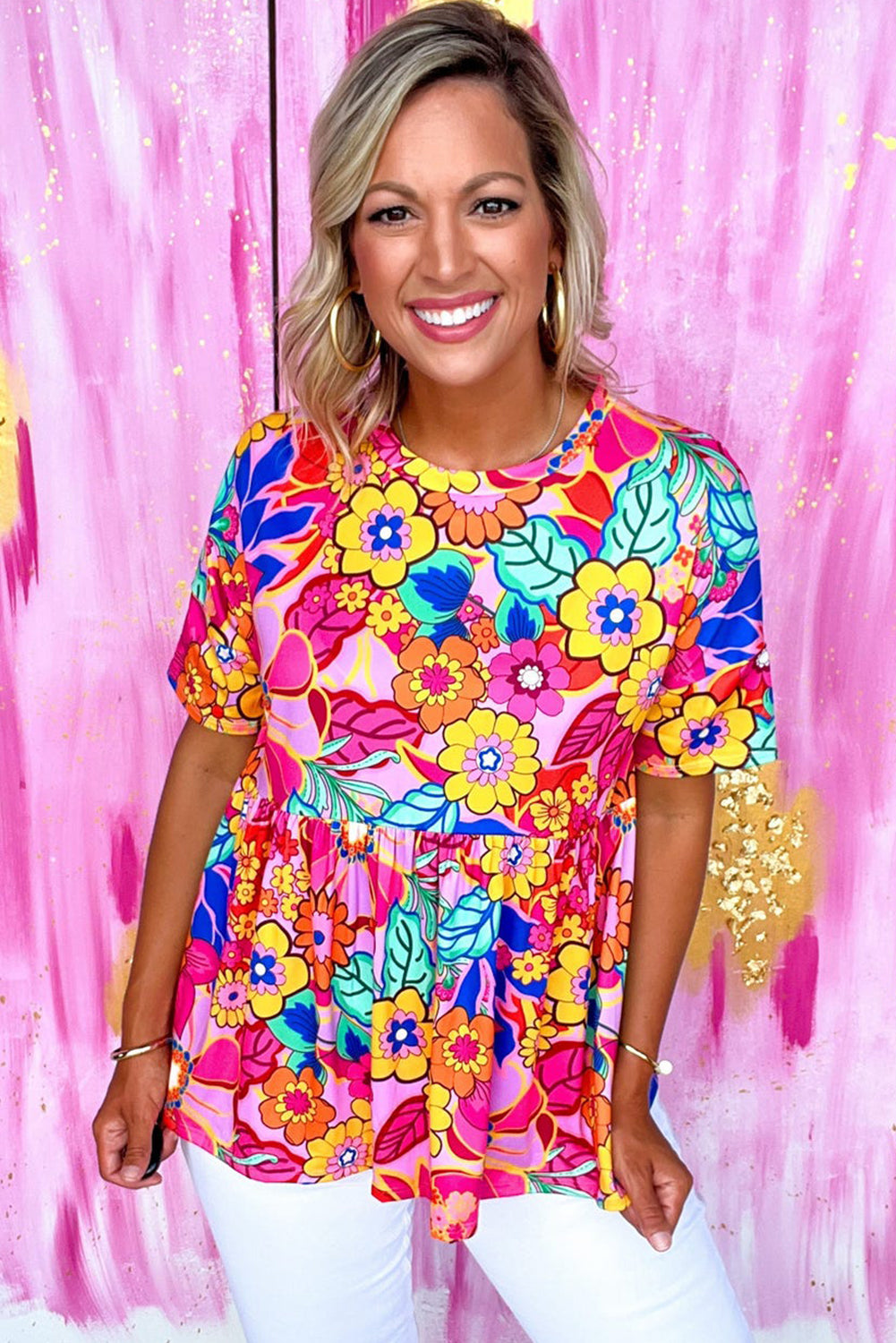 Haut babydoll plissé à manches courtes et imprimé floral rose