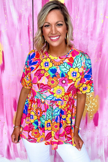 Haut babydoll plissé à manches courtes et imprimé floral rose