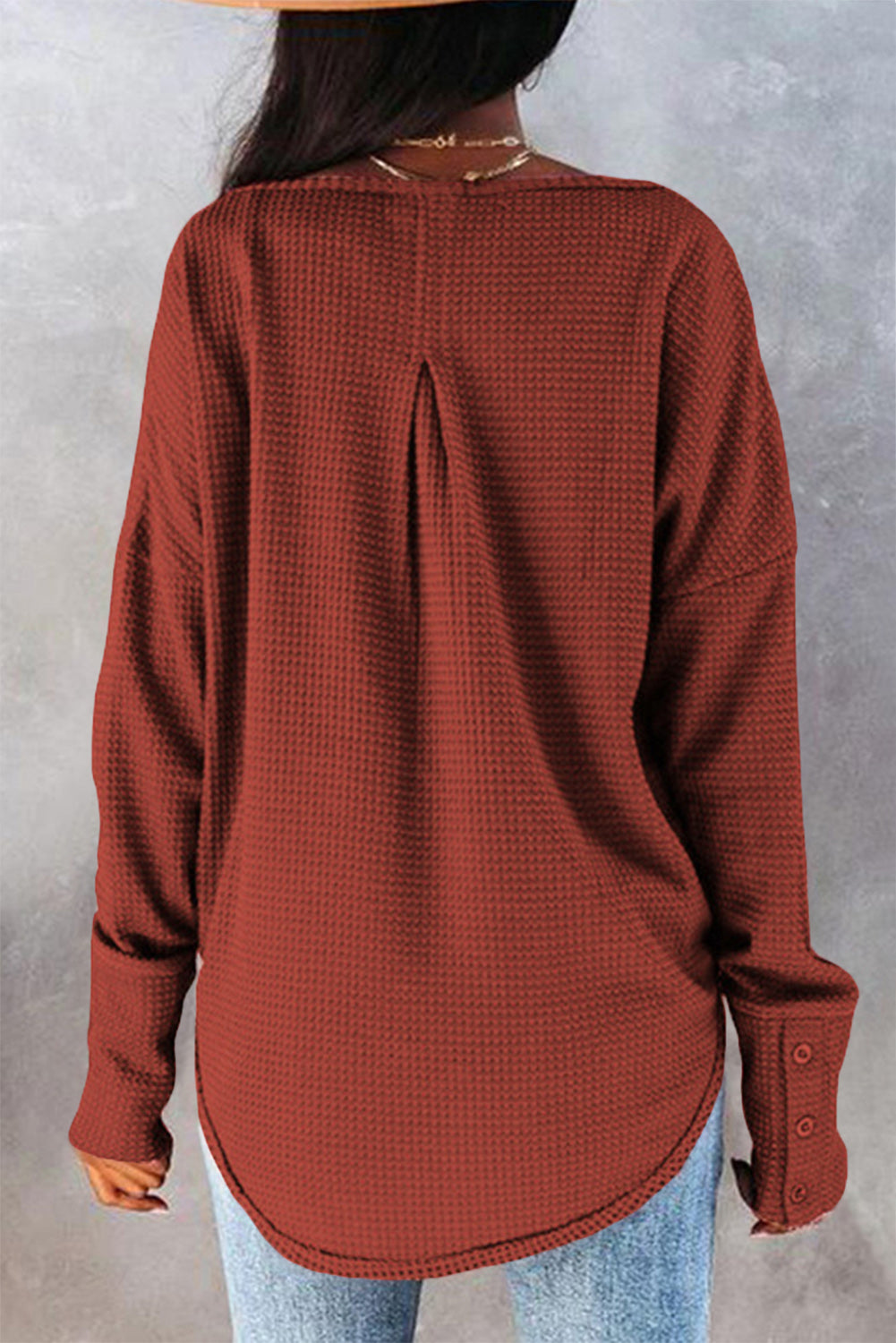 Waffle Knit Splicing Buttons Long Sleeve Top